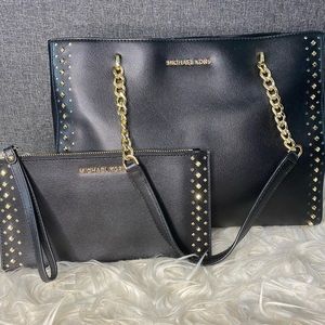 Michael Kors Black Studded Handbag with Matching Wristlet, Good Condition